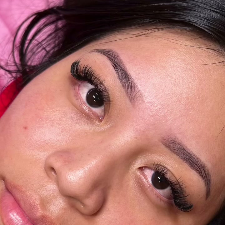 Healed ombre brows six weeks after the session and before the touch-up, individual brow hairs visible over the shading